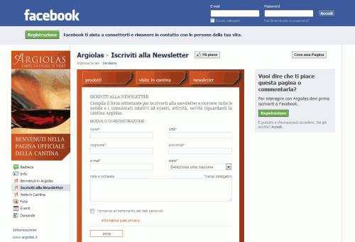 Form newsletter Cantina Argiolas - Facebook